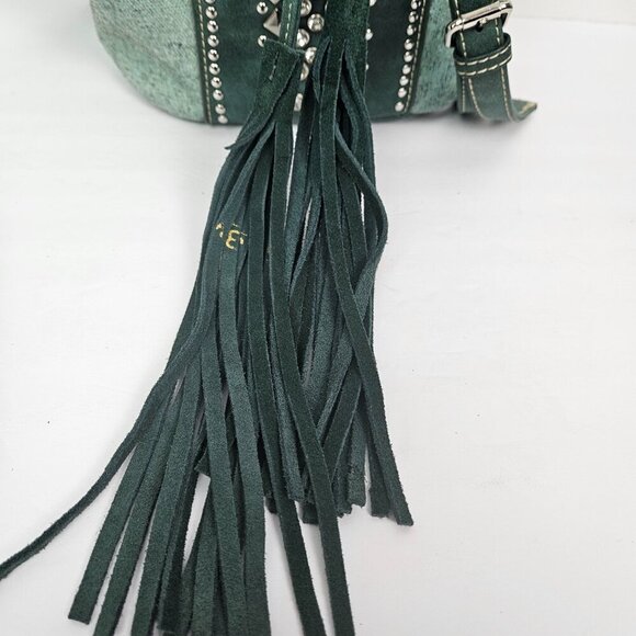 Montana West Green Canvas/Faux Leather Studded Suede Tassel Crossbody Bucket Bag - Picture 3 of 11